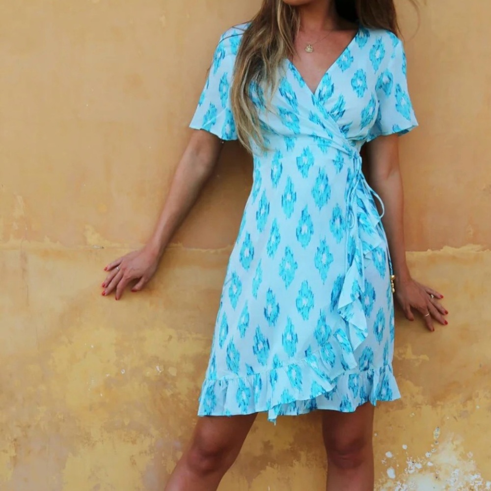 Sophia Alexia Aquamarine Dreams Mini Wrap Ruffle Dress Pineapple charms